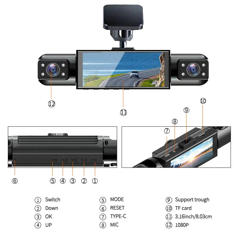 3 Camera Dash Cam, Front Inside Dashcam, Left Right Video Recorder, Loop Recording, Motion Detection, Wide Angle, Night Vision