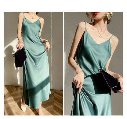 Vintage Satin Women's Dress Summer Sexy Spaghetti Strap Long Party Maxi Dresses Midi Robe Female Clothing