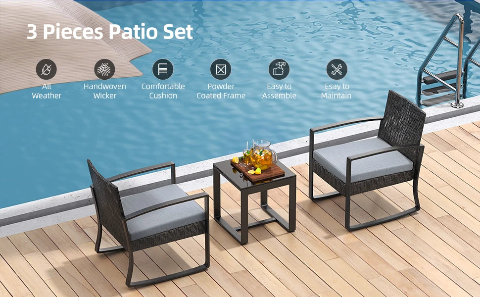 3 Pieces Patio Furniture Set Rocking Bistro Set Outdoor Rattan Conversation with Coffee Table for Garden Balcony Backyard