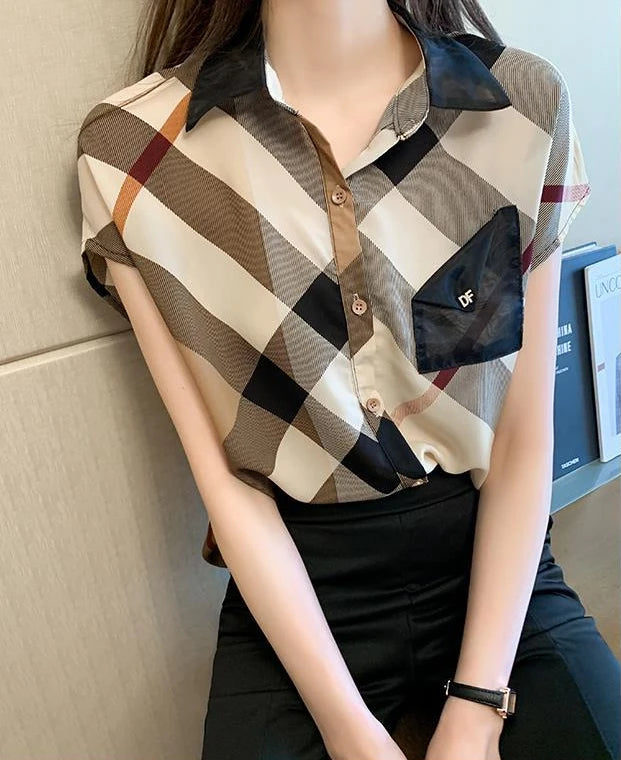 Office Wear Short Sleeve Chiffon Casual Pretty and Cheap Women's Blouses Korean Plaid Youth Woman Buttoned Shirts Trends Top Hot