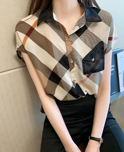 Office Wear Short Sleeve Chiffon Casual Pretty and Cheap Women's Blouses Korean Plaid Youth Woman Buttoned Shirts Trends Top Hot