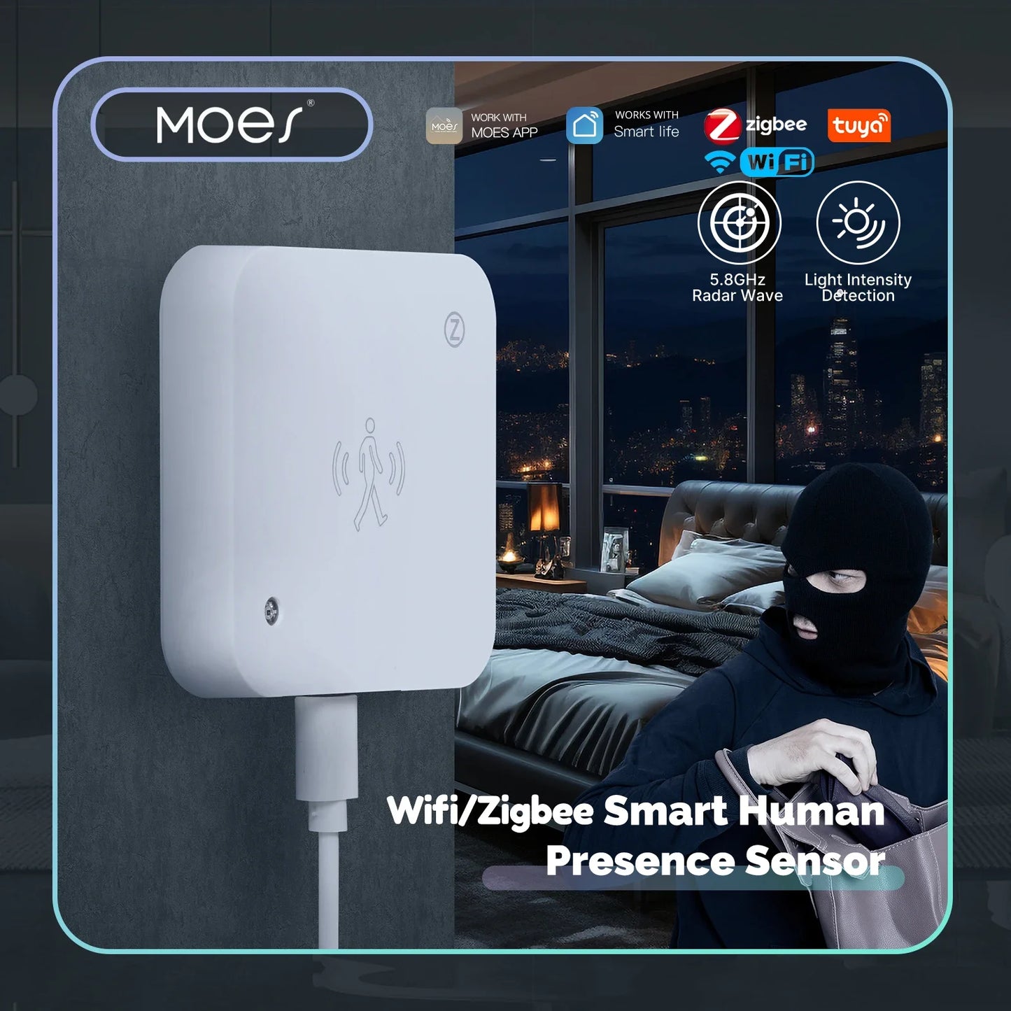 MOES Smart Presence Sensor WiFi/ZigBee, Human Motion & Motionless Detection, Light Sensor, App Alerts, Wired Install