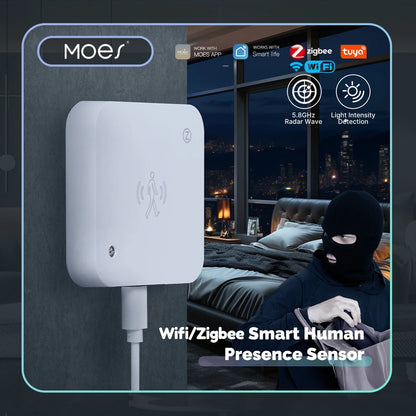 MOES Smart Presence Sensor WiFi/ZigBee, Human Motion & Motionless Detection, Light Sensor, App Alerts, Wired Install