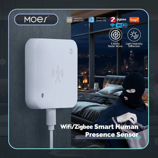 MOES Smart Presence Sensor WiFi/ZigBee, Human Motion & Motionless Detection, Light Sensor, App Alerts, Wired Install