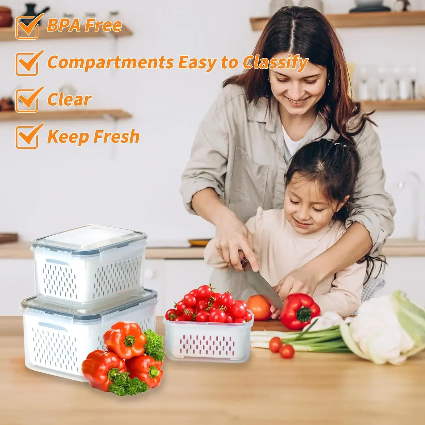 Fridge Food Storage Container Set with Lids with Strainer,Plastic Fresh Produce Saver Vegetable Fruit Meat Organizer
