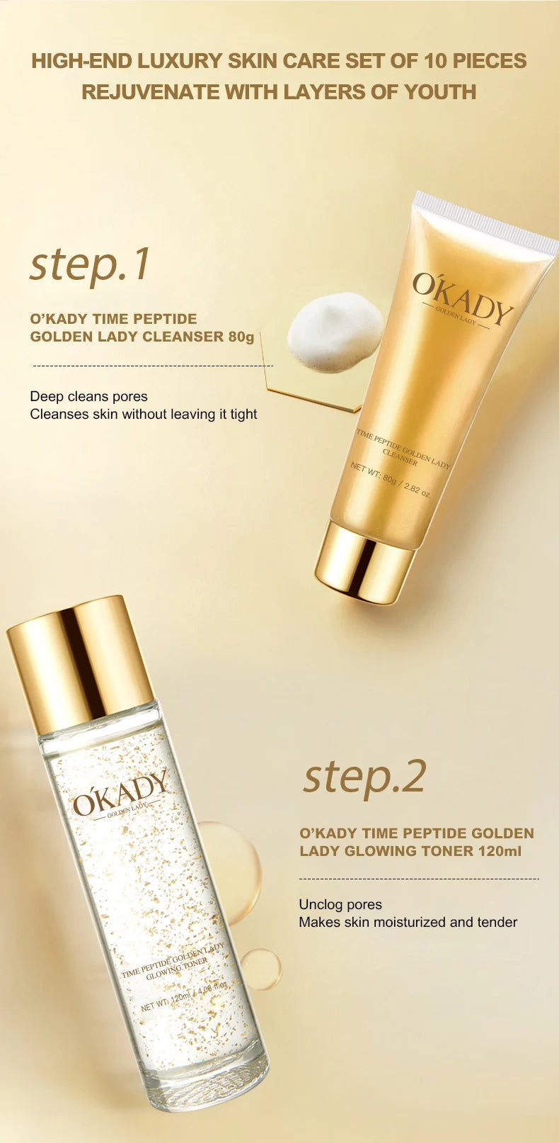 OKADY Skin Care Set Anti Aging Skin 10-piece Daily Care Routine Kit With Vitamin C Peptides Facial Cleanser Eye Mask Toner Serum