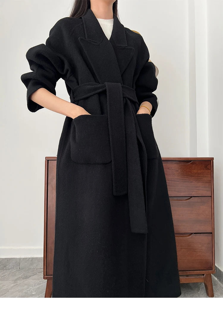 Office Lady Woolen Jackets 2024 Autumn And Winter Bathrobe Style Pocket Double-Sided Loose Lace -Up Tie Women's Long Wool Coats