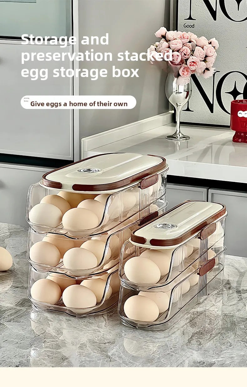 Smart Egg Storage Box - Slide-Out Drawer & Gravity Roller Design with Hidden Handle, Stackable Fridge Organizer for Side Door