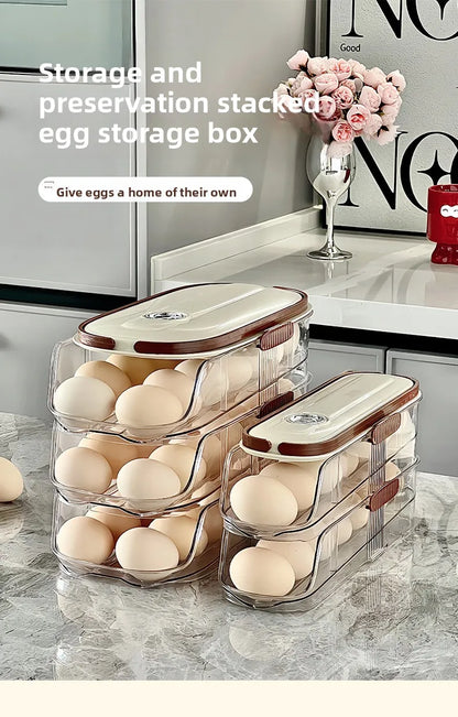 Smart Egg Storage Box - Slide-Out Drawer & Gravity Roller Design with Hidden Handle, Stackable Fridge Organizer for Side Door