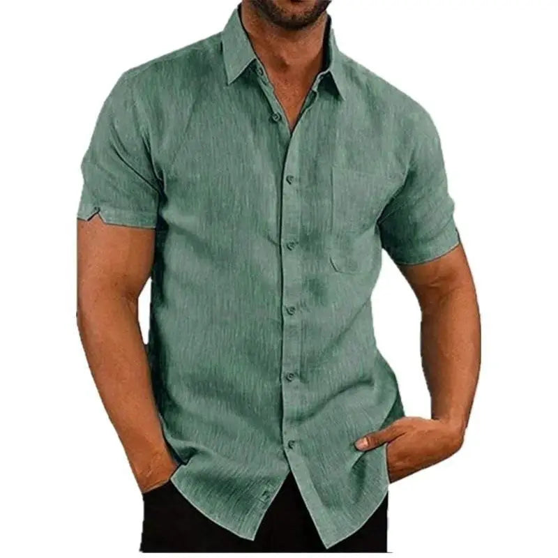 Men Pocket Blouse Tops Summer Male Turn Down Collar Button Short Sleeve Slim Solid Color Blouse Shirts YYCFS-19505