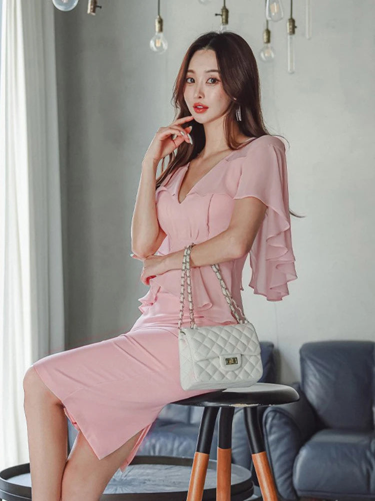 Fashion Summer Evening Dress Women Clothes Elegant Pretty Chic Sweet Cloak V-Neck Wrap Hip Midi Party Robe Mujer Vestidos Fiesta