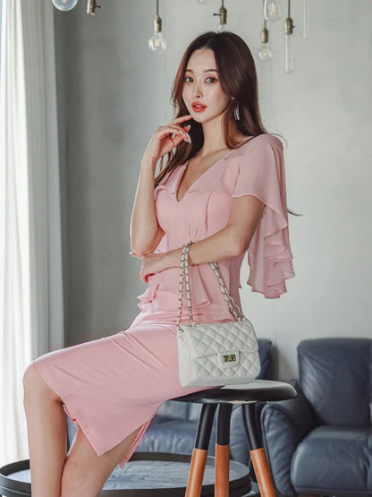 Fashion Summer Evening Dress Women Clothes Elegant Pretty Chic Sweet Cloak V-Neck Wrap Hip Midi Party Robe Mujer Vestidos Fiesta