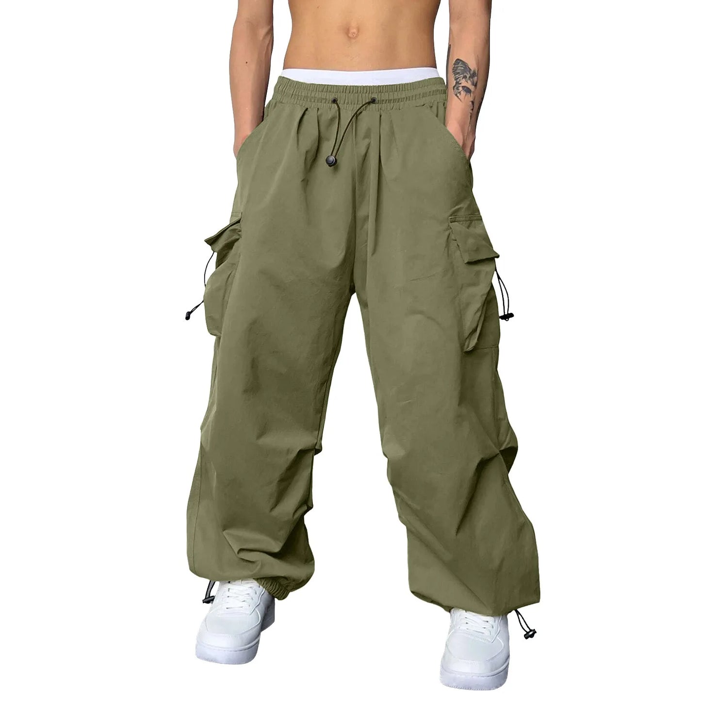 Mens Casual Sports Cargo Pants Woven Pocket Foot Rope Street Tie Solid Pants Mens Multi-Pockets Cargo Pants Pantalones Hombre