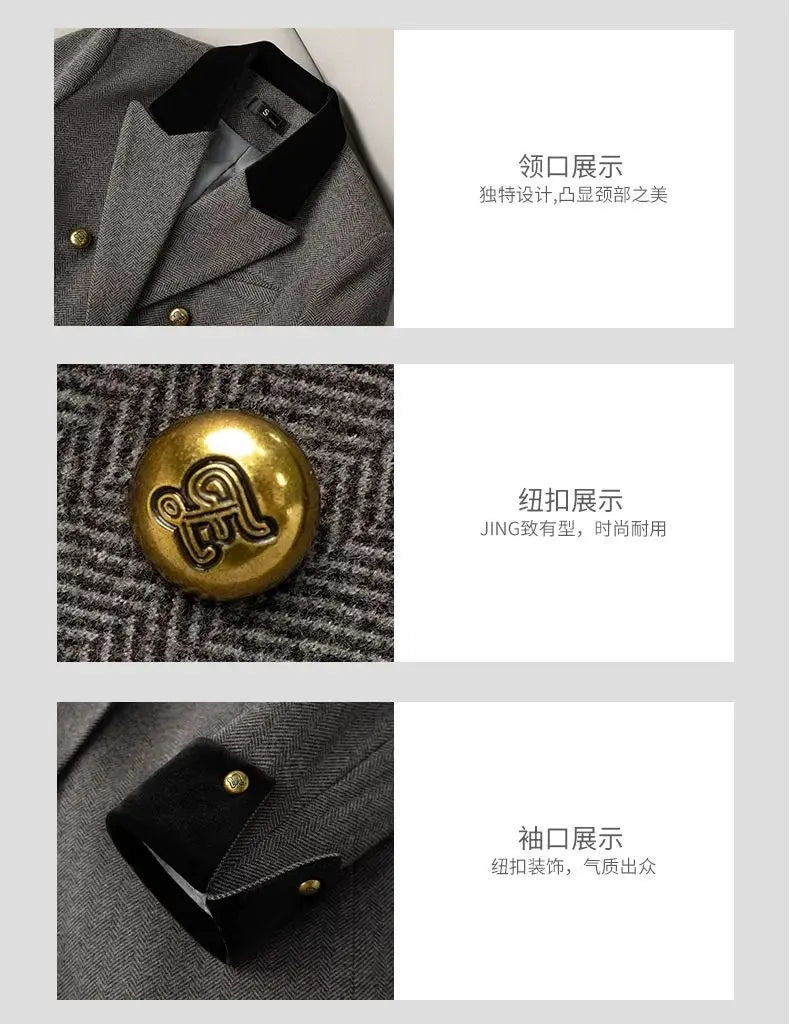 Women's Office Woolen Suit Jacket for women 2025 New Autumn Winter Chic gray Herringbone pattern Suit Female Thick Casual Coat