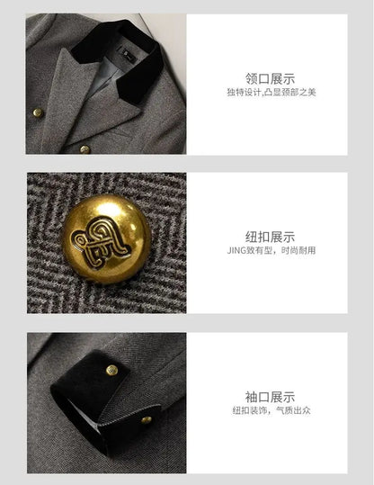 Women's Office Woolen Suit Jacket for women 2025 New Autumn Winter Chic gray Herringbone pattern Suit Female Thick Casual Coat