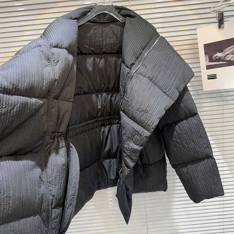 Winter Big Turn Down Collar Long Down Jacket Drawstring Striped Thick Knee Length Overcoat Warm White Duck Down Jacket Women