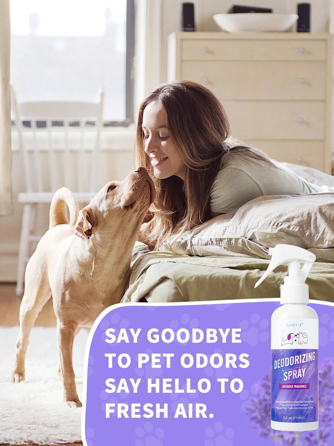 150ml Cat & Dog Odor Eliminator Spray – Lavender Plant Extract for Cat Litter & Pet Bedding – Effectively Neutralizes Urine Odor