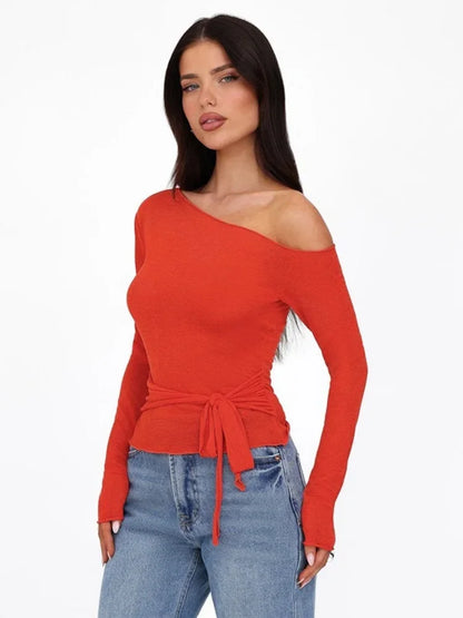 One Shoulder T Shirts For Women Aesthetic Clothes Sashes Crop Top Y2k Accessories Long Sleeve Lady Tshirt Ropa Mujer Camisetas