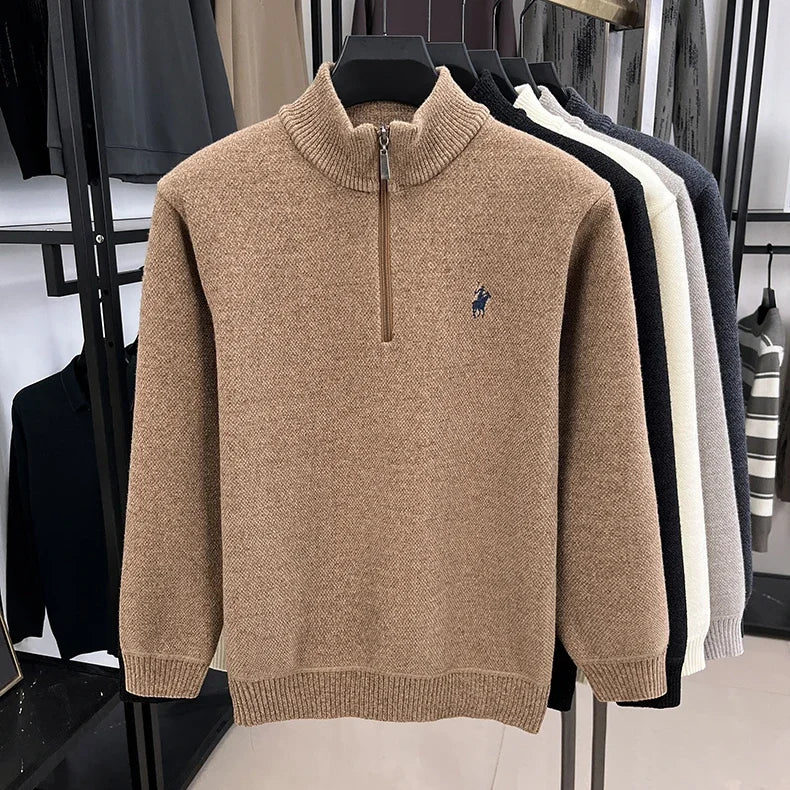 Winter Men's Ferret Fleece Embroidered Zipper Stand Up Collar Head Knitwear Plush Thick Soft Sweater  Mens Clothes  Pull Coreen
