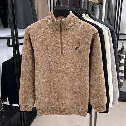 Winter Men's Ferret Fleece Embroidered Zipper Stand Up Collar Head Knitwear Plush Thick Soft Sweater  Mens Clothes  Pull Coreen