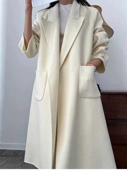 Office Lady Woolen Jackets 2024 Autumn And Winter Bathrobe Style Pocket Double-Sided Loose Lace -Up Tie Women's Long Wool Coats