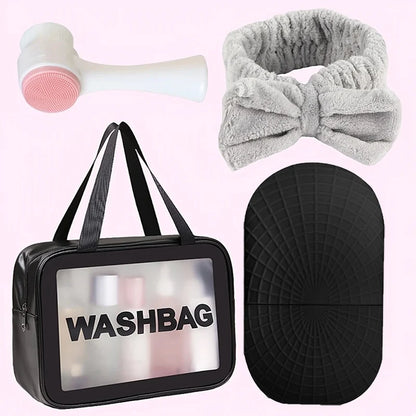 4-Piece Skin Care Gift Set: Ice Roller, Coral Fleece Headband, Makeup Bag and Cleansing Brush - Beauty Tools, Headband