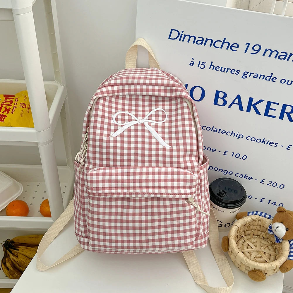 Cute Bowknot Plaid School Backpack Lightweight School Bag Nylon Student Rucksack for Girls Women High School College Work