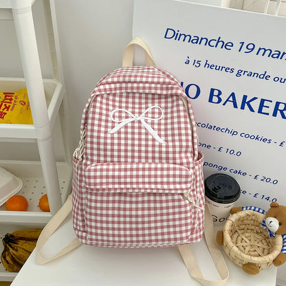 Cute Bowknot Plaid School Backpack Lightweight School Bag Nylon Student Rucksack for Girls Women High School College Work