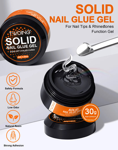 30g Solid Nail Glue Gel for False Nail Tips, Huge Capacity Press on Nail Glue Strong Adhesive Solid Rhinestone Glue Gel UV Glue