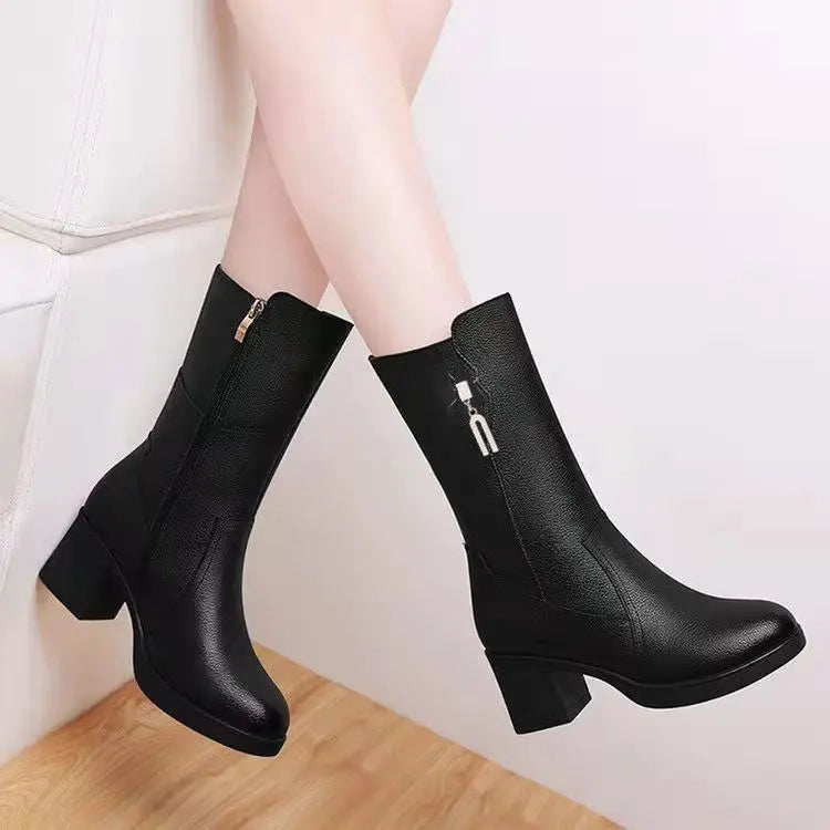 Footwear Half High Women's Boots Middle Heel Shoes for Woman Black Rhinestone Mid Calf Fashion 2024 Designer Luxury Goth Pu Boot