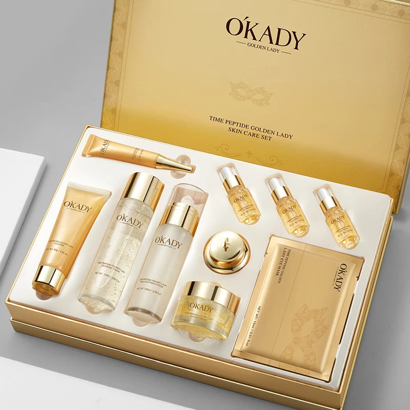 OKADY Skin Care Set Anti Aging Skin 10-piece Daily Care Routine Kit With Vitamin C Peptides Facial Cleanser Eye Mask Toner Serum