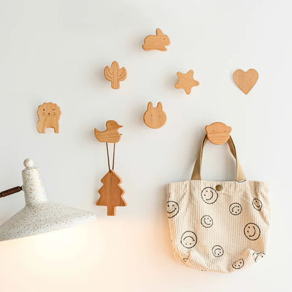 1PCS Solid Wood Hooks Cute Room Decor Animal Hook Wall Hanging Key Coat Hook Home Decoration Hanger Bathroom Kitchen Accessories