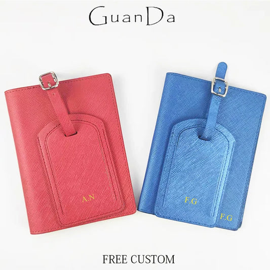 Custom Initials Travel Passport Holder Set Fashion Luxury Portable Luggage Tag Leather Passport Cover Trip Essential Accessories