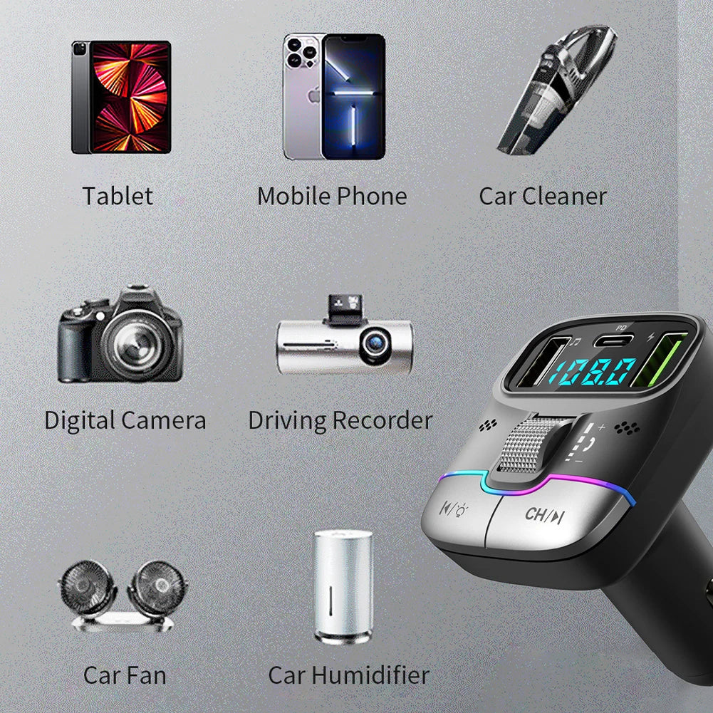 Bluetooth 5.3 Car FM Transmitter Wireless Bluetooth Car Adapter MP3 Player Handsfree Call Dual USB PD Fast Charger Roller Wheel