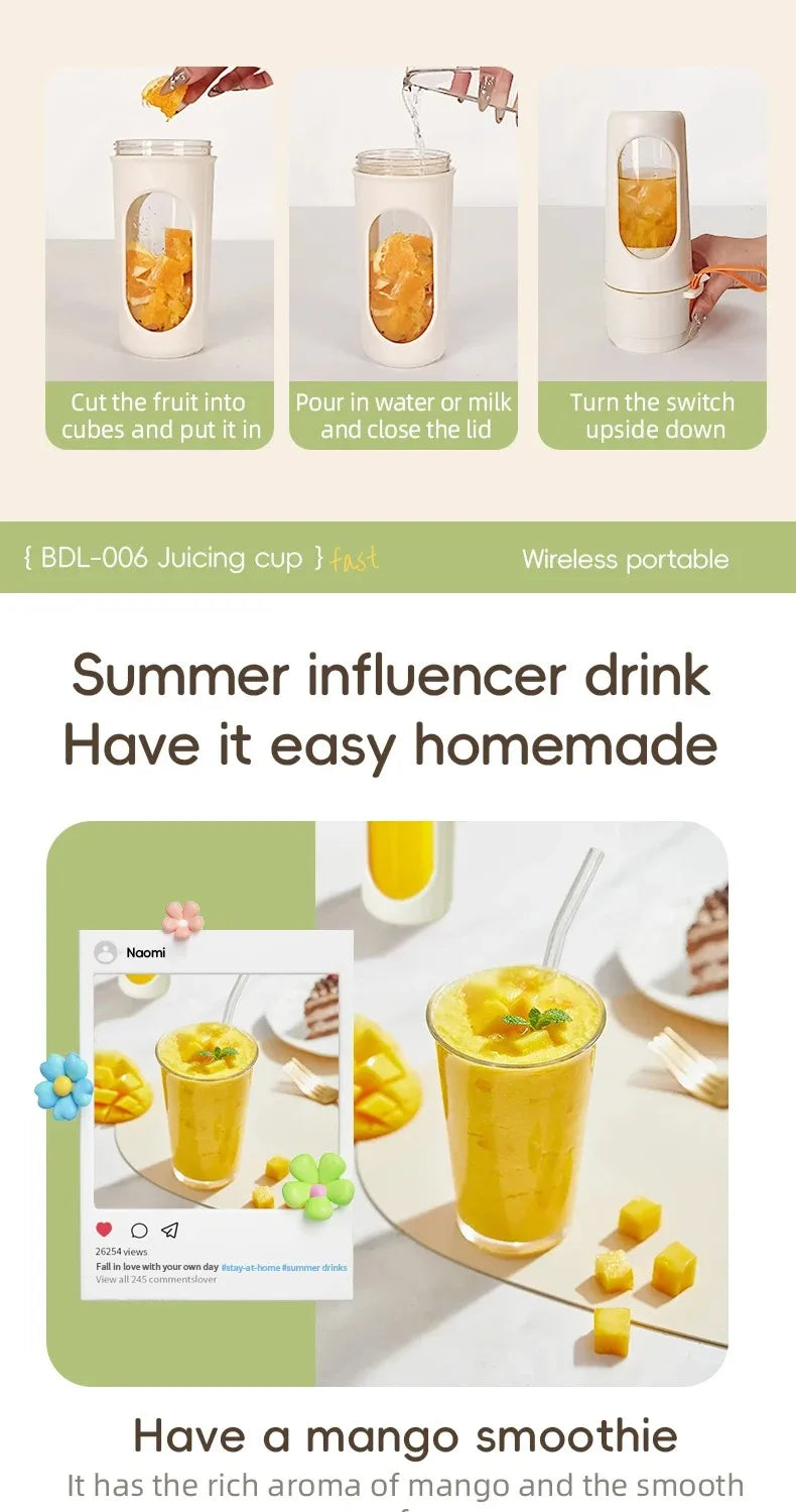 Electric portable blender, 12-blade 400ML juicer, fruit blender, USB rechargeable smoothie juicer, milkshake juicer