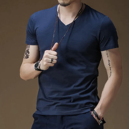 Mens T Shirt Solid Colour V Neck Short Sleeve Top T Shirt Leggings Gym Wear