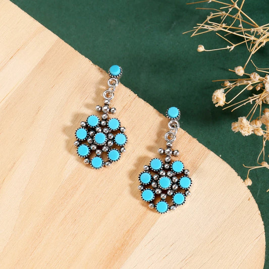 Bohemian Earrings for Women Round Flower Blue Beads Vintage Dangle Silver Color Hook Earrings Fine Jewelry
