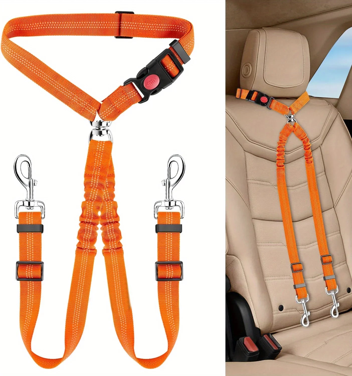 Double Dog Car Harness Safety Seatbelt Adjustable Pet Travel Restraint for 2 Dogs Heavy Duty Crash Tested Elastic Splitter Headr