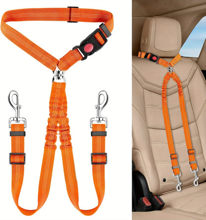 Double Dog Car Harness Safety Seatbelt Adjustable Pet Travel Restraint for 2 Dogs Heavy Duty Crash Tested Elastic Splitter Headr