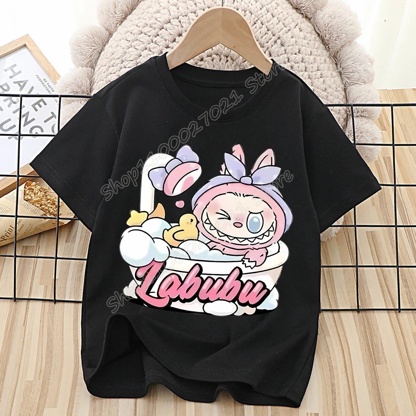 Labubu T-shirt for Children Cute Cartoon Anime Tee Top Black Short Sleeve Round Collar Clothes Fashion Kids Summer Clothing Gift