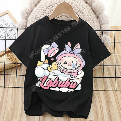 Labubu T-shirt for Children Cute Cartoon Anime Tee Top Black Short Sleeve Round Collar Clothes Fashion Kids Summer Clothing Gift