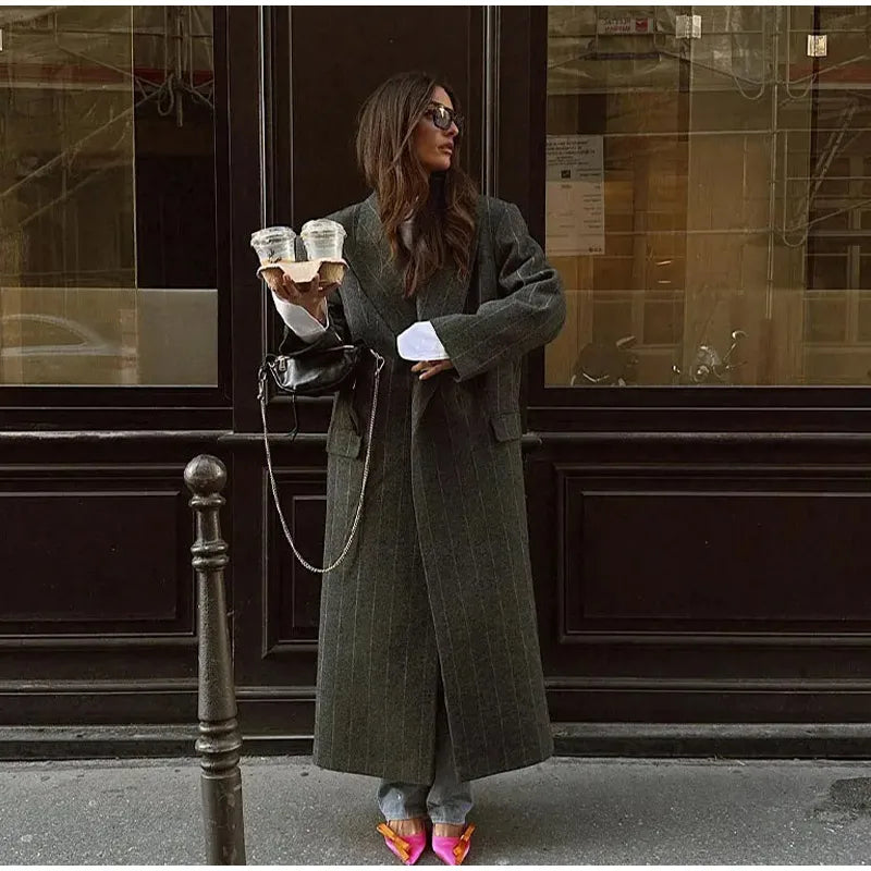 Retro Striped Lapel Woolen Long Coat Women Casual Loose Dark Grey Oversize Coats Female Winter Elegant Chic Outwear