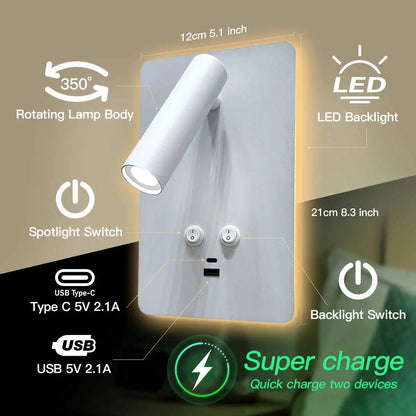 Indoor bedside wall lamp, with front and rear lighting modes, equipped with switch and USB C-type