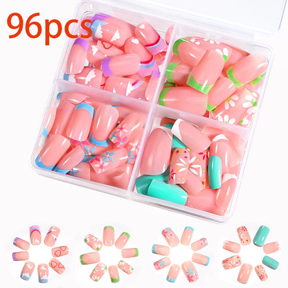 576pcs/Box Colorful Fake Nails Black Red Design Fake Nail Oval Short Square Press On False Nails Mixed Full Cover Nail Tips