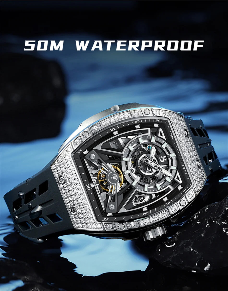 Men Mechanical Winding Watch Montre Homme 2024 New BRUBOSES 5ATM Water Resistant Luminous Tonneau Quartz Wristwatch WIth Diamond