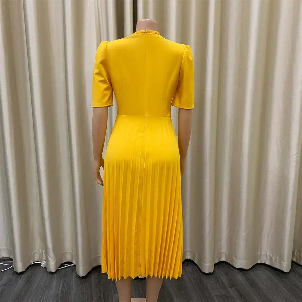 Elegant Office Dresses Pleated Woman 2025 New O Neck Short Sleeve Mid Calf Formal Business Work Wear Dress Midi Vestidos Mujer
