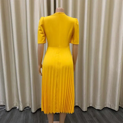 Elegant Office Dresses Pleated Woman 2025 New O Neck Short Sleeve Mid Calf Formal Business Work Wear Dress Midi Vestidos Mujer