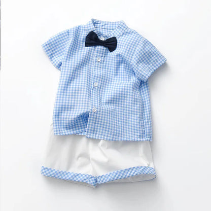 Summer Baby Boys Birthday Clothes Set Children British Style Blue Plaid Shirt with Pants Infants Top Shorts and Bow Kids Outfits