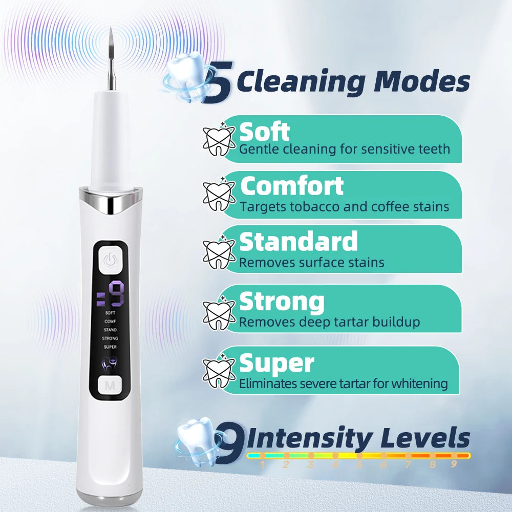 5 LED Light Ultrasonic Tooth Cleaner 9 Levels Dental Scaler Calculus Remover Plaque Stain Tartar Removal Teeth Cleaning Tools
