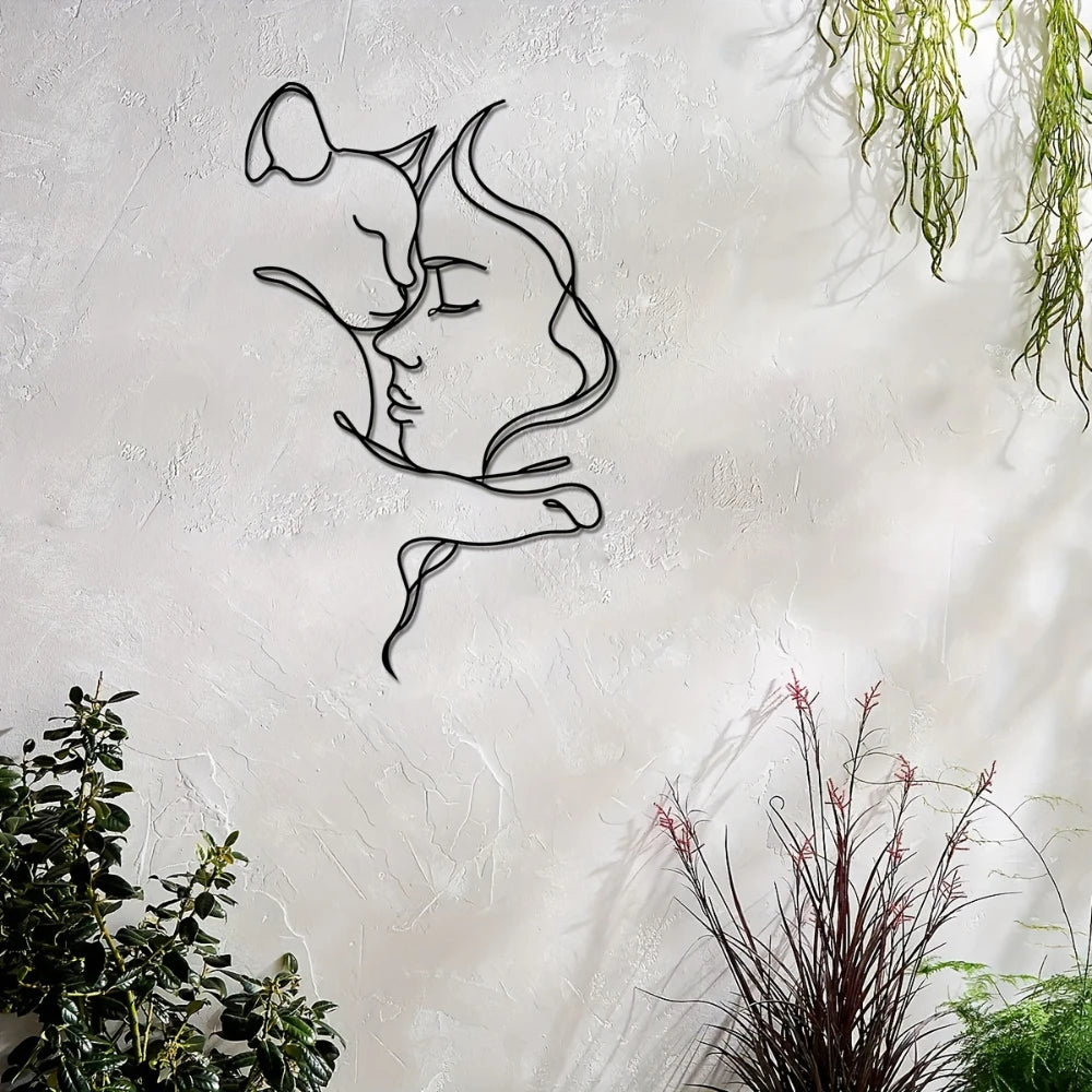 Elegant Cat and Woman Metal Wall Art - Minimalist Black Silhouette, Ideal for Cat Lovers & Sophisticated Home Décor